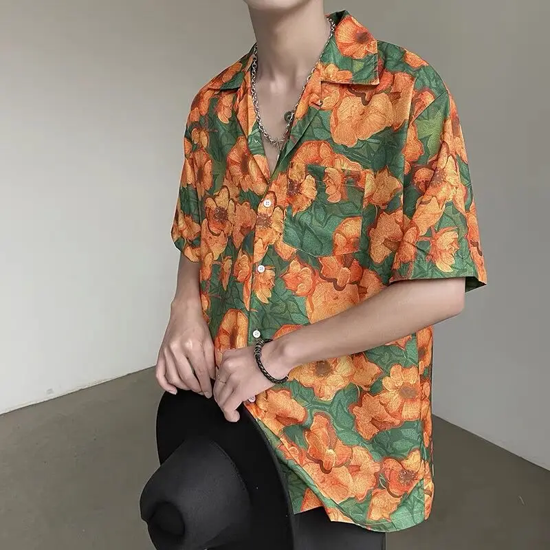 Men Oil Abstract Painting Print Blouse Summer Half Sleeve Hawaii Beach Party Club Top Handsome High Street City Boy Ins Shirts
