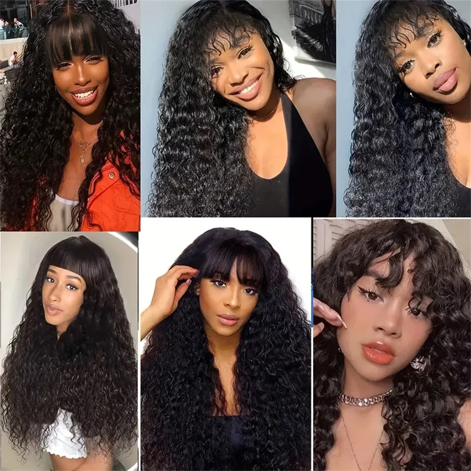 Water Wave Human Hair Wigs With Bang Full Machine Made Wigs 18-32