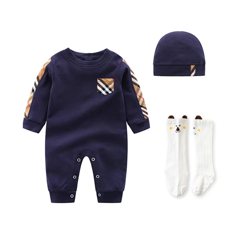 Newborn Baby Romper Baby Boys Girls Clothes Pocket Plaid Cotton Infant Jumpsuit Toddler Kids Clothing Overalls Hat Bibs baby clothes