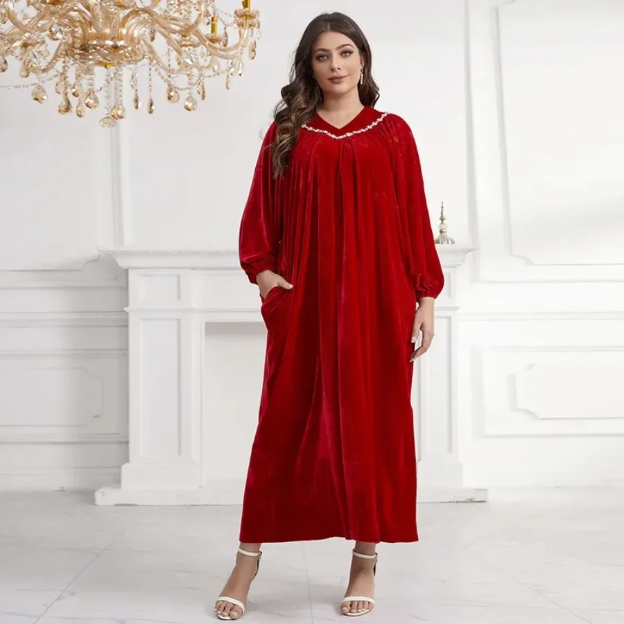 Velvet Abayas for Women Spring 2024 Elegant Muslim Long Sleeve V-neck Plus Size Long Maxi Dress Muslim Fashion Abaya Dubai Abaya