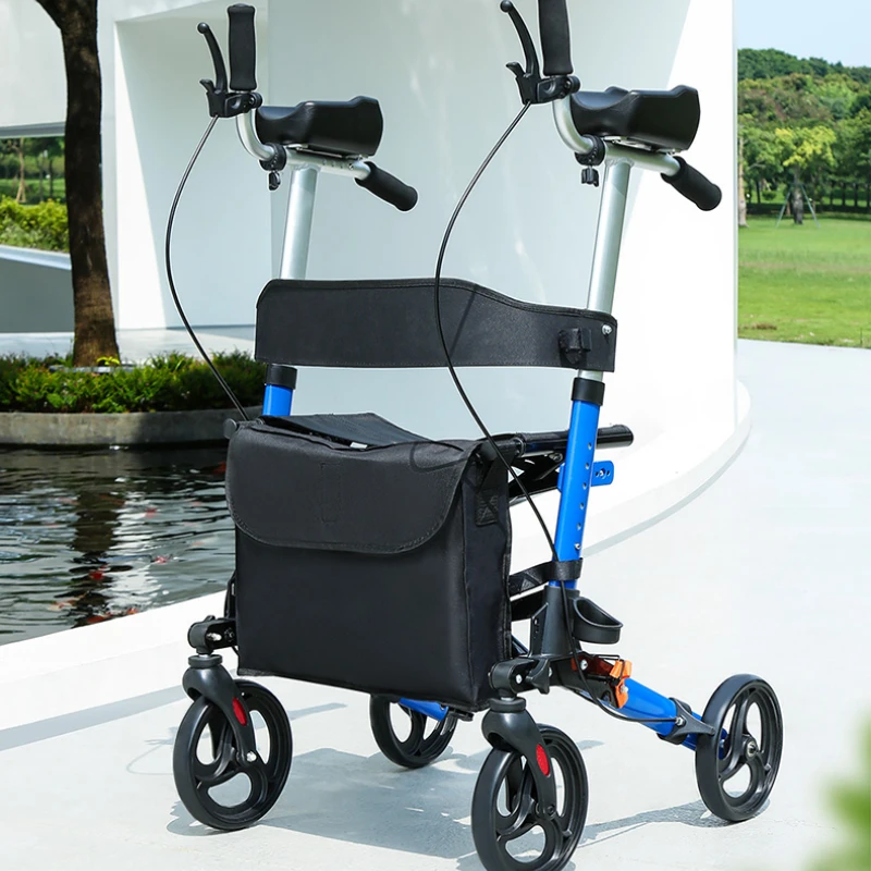 Foldable Walker with Seat & Adjustable Height-Mobility Aid Push Cart for Elderly, Portable Assistive Walking Support Rollator