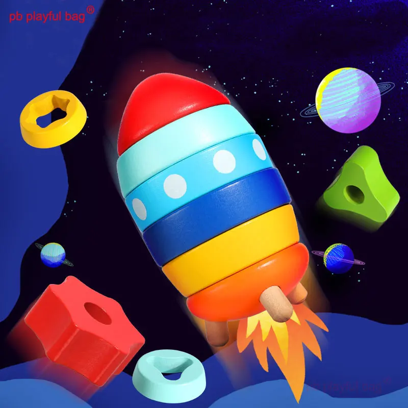 

PB Playful Bag Stacked rocket wooden children's shape matching cognitive geometry toys Educational Montessori concept toys UG124