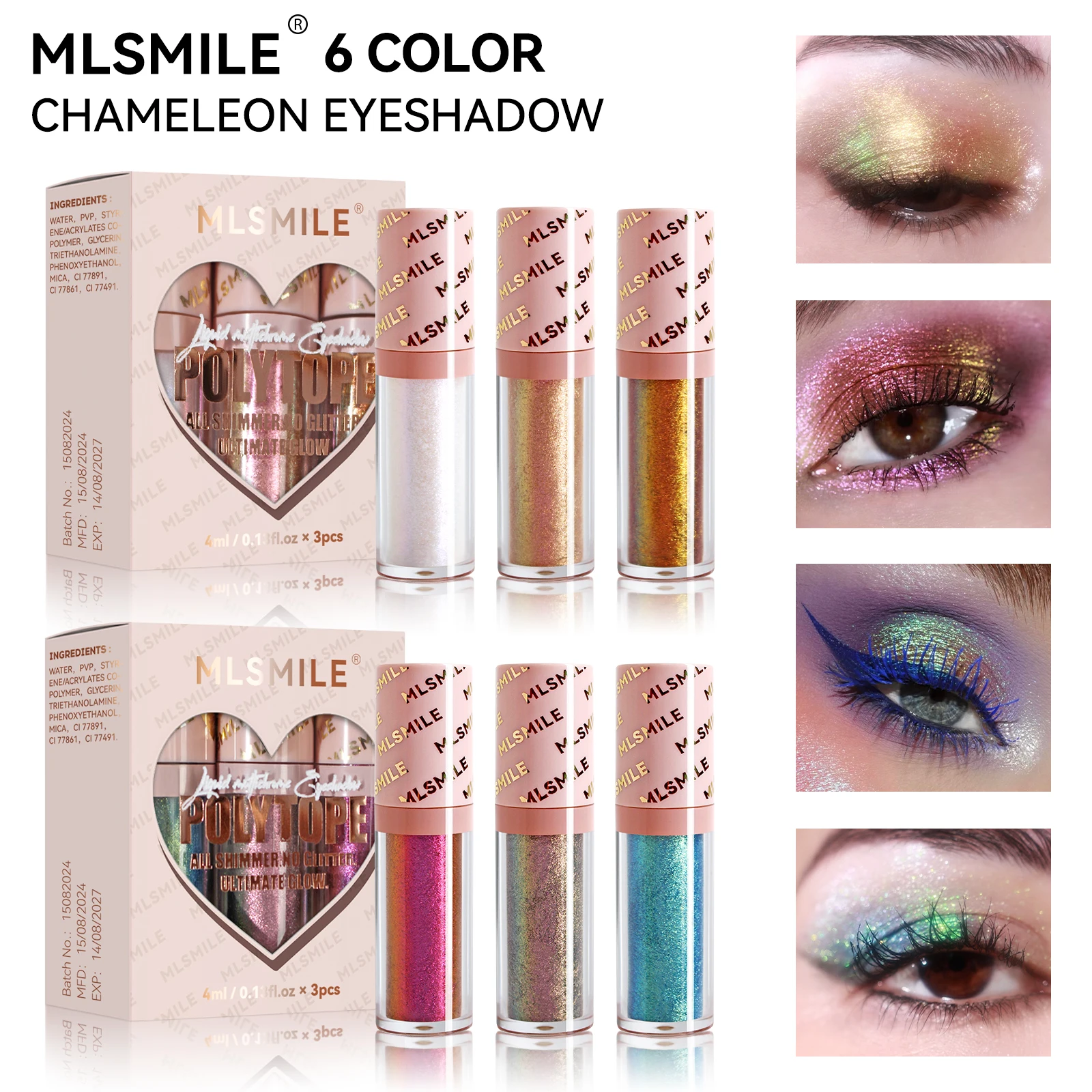 MLSMILE 3-piece liquid chameleon dragon eye shadow set, long-lasting glittery multicolor eye shadow makeup set. 3