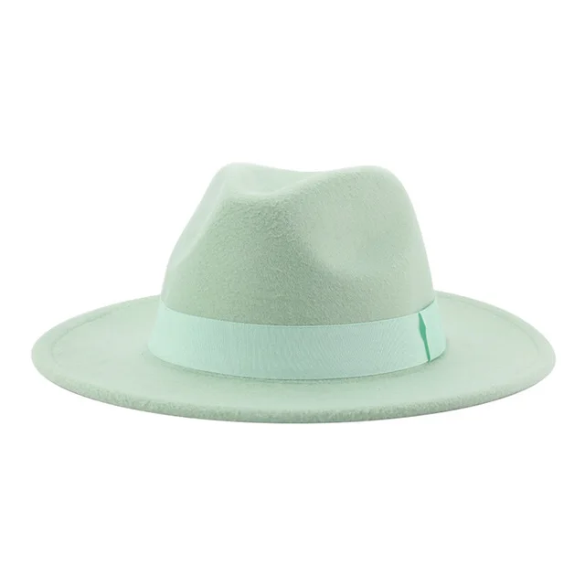 Fedora Hat Women Winter Hats for Women Ribbon Band Men's Hat Wide Brim Classic Beige Wedding Church Bowler New Cap chapeau femme Light green