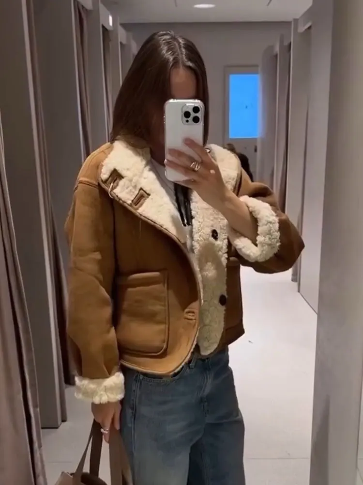 HH 2025 Autumn Winter Women Double Sided Coats Vintage Long Sleeve Faux Lamb Wool Jacket Fashion High Street Lady Chic Outwear