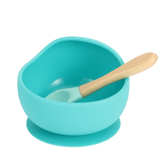 New Colors Feeding Set Food Grade Silicone Bibs Baby Plate Non-silp Suction Bowl Kids Tableware Waterproof Bib BPA Free Spoon Turquoise