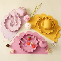 5PCS Silicone Baby Dinner Set Solid Color Utensils Waterproof Placemat Cartoon Lion Shape Suction Plate Portable Sippy Cup 1
