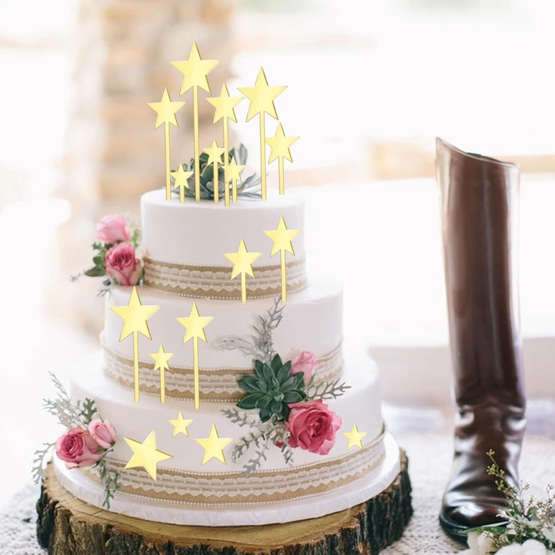 24Pcs Acrylic Gold Star Cake Toppers for Kids Birthday Party Cake DIY Decoration Wedding Christmas Cake Decorating Tools Kit