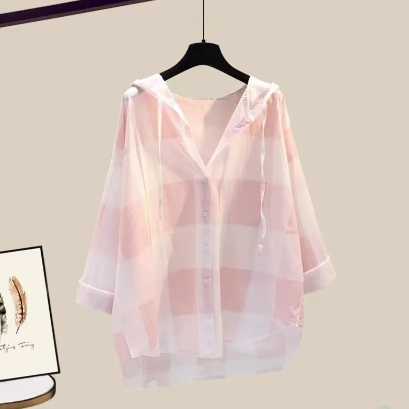 Oversized Women's Summer Set Women's 2023 New Temperament Loose Covering Flesh Sling Shirt Half Skirt Three Piece Set Fashion