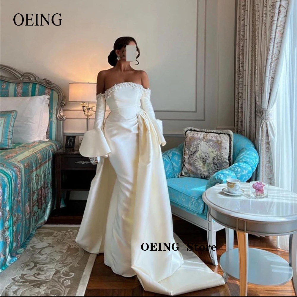 

OEING Strapless Ivory Satin Mermaid Wedding Dresses Detachable Overskirt Long Sleeves Saudi Arabic Bride Formal Evening Gown