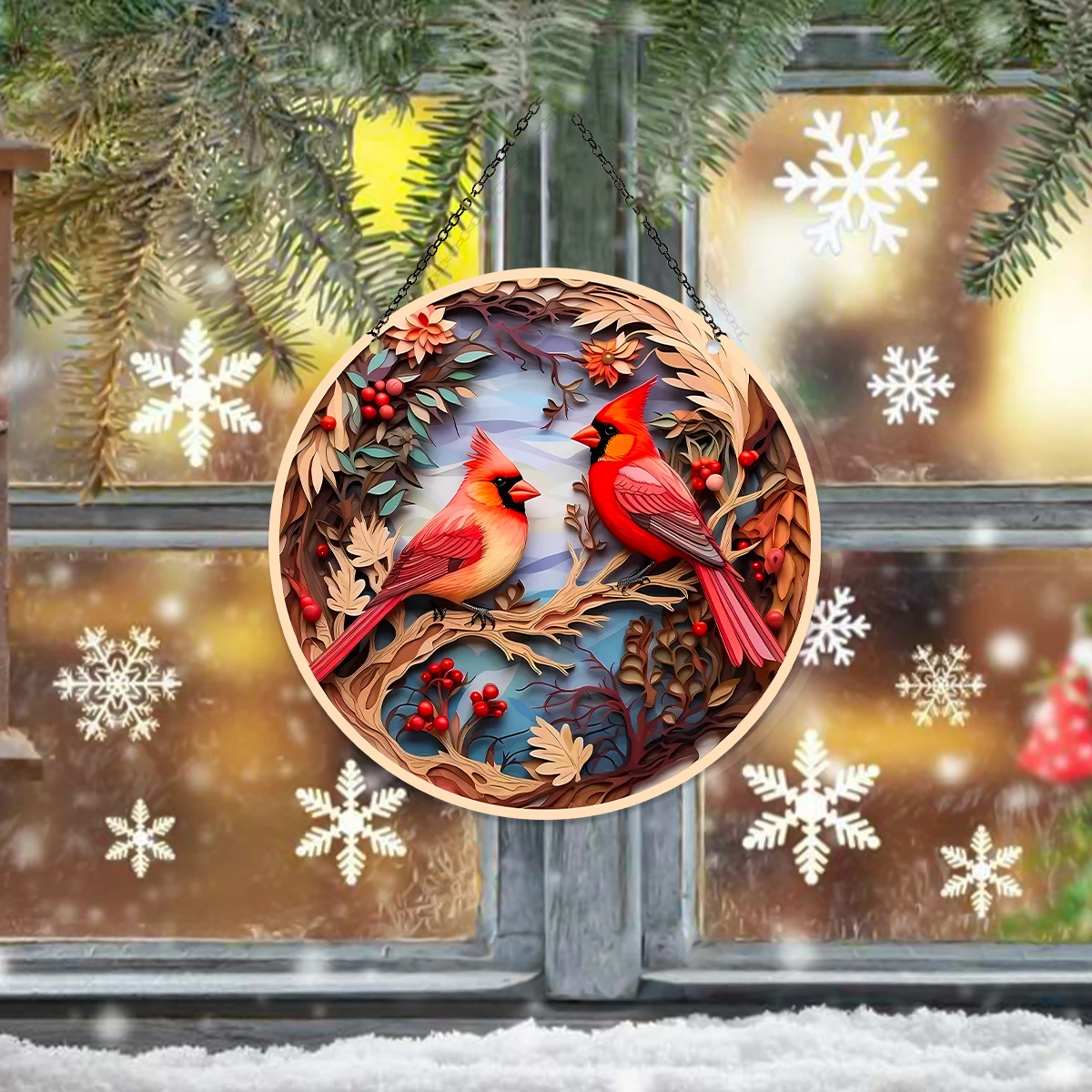 1PC, round red bird window sunshade, high-density acrylic material hanging decoration, home decoration, garden decoration