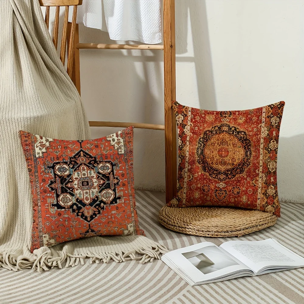 4PCS  Pillow Covers 18x18 Inch, Carpet Pattern Throw Pillows Case, Orange Red Ethnic Design Outdoor Decorative Square Linen Farm 6