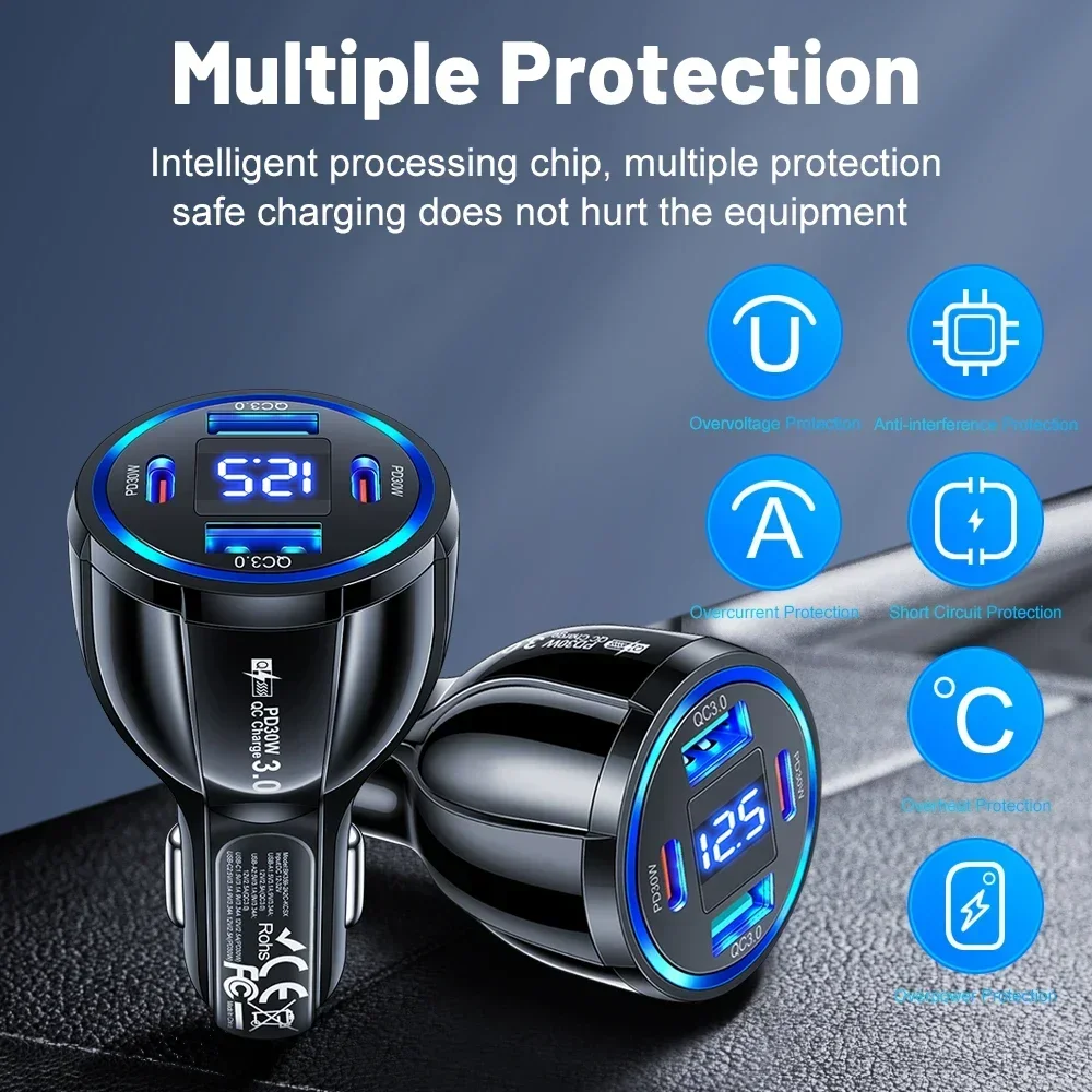 100W Car Charger 4 USB Ports Fast Charging with Digital Display Quick Charging Adapter for iPhone Samsung Xiaomi Type C Charger