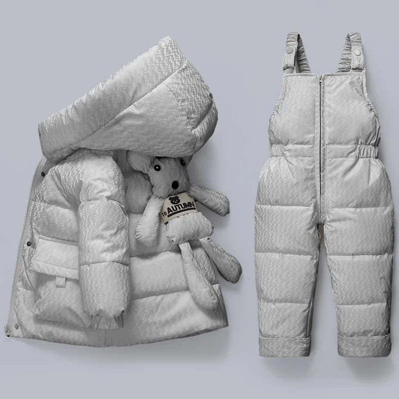 UNITIM Winter Baby Girl 2PCS Clothes Set Cartoon Bear Hooded Down Jacket Overalls Jumpsuit Suit 1-3 Year Toddler Girls Snowsuit