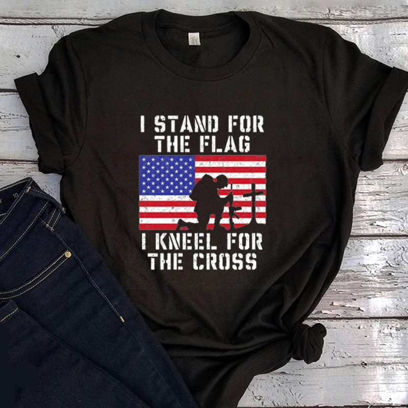 

Patriotic Shirt American Flag Tshirt 4th of July American Tee USA Tops I Stand for The Flag Shirt Kneel for The Cross Tee XL