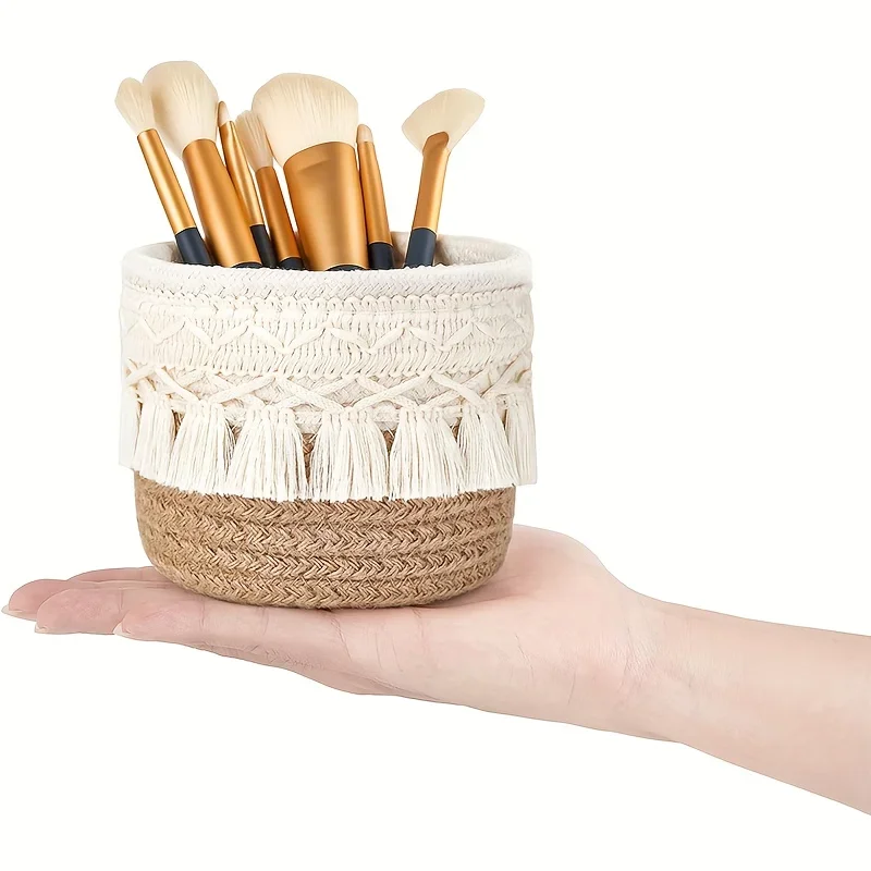 Description Picture 6 of item1pc Handmade Boho Chic Makeup Brush Holder Dual-Tone Woven Cosmetic Storage Basket with Tassel Detail Makeup Brushes Organizer