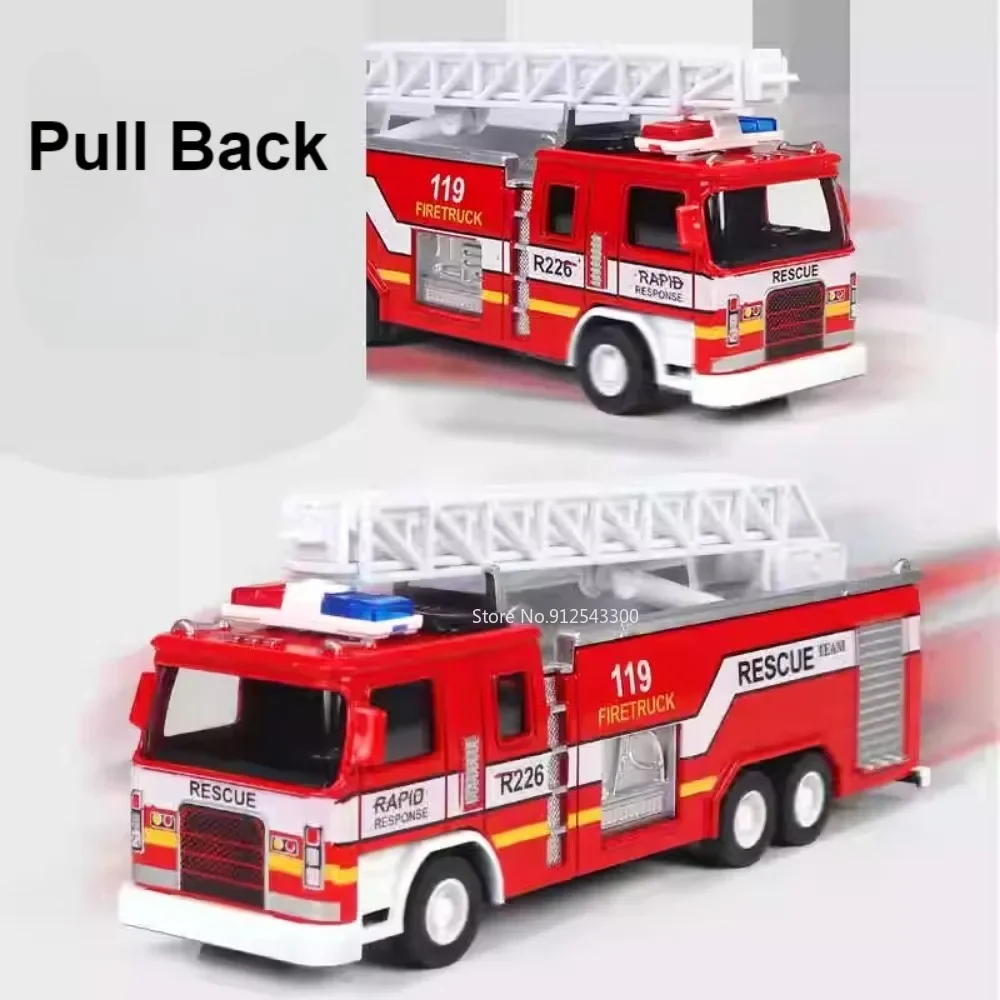1:32 Fire Truck Model Toy Car Alloy Body Rubber Tire Music Light Pull Back Climbing Water Tank 119 Vehicles Models Toys Gifts - 3