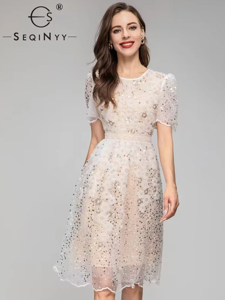 

SEQINYY Elegant Party Dress Summer Spring New Fashion Design Women Runway High Street Mesh Appliques Flower Beading Sequined