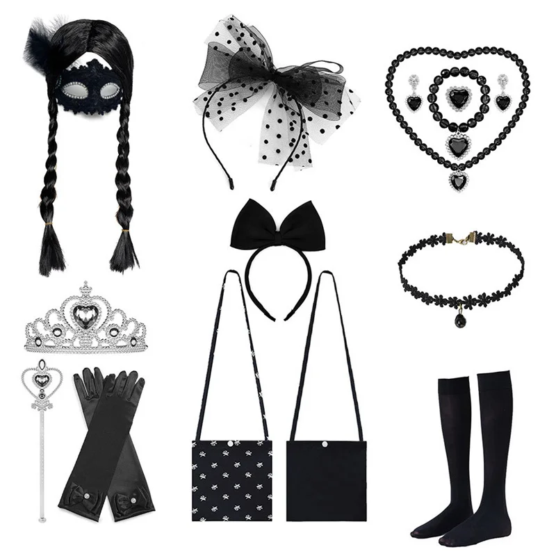 

Wednesday Addams Party Decorations for Girls Gloves Crown Wand Jewelry Hand Wig Bag Set Princess Dress Up Cosplay Accessories