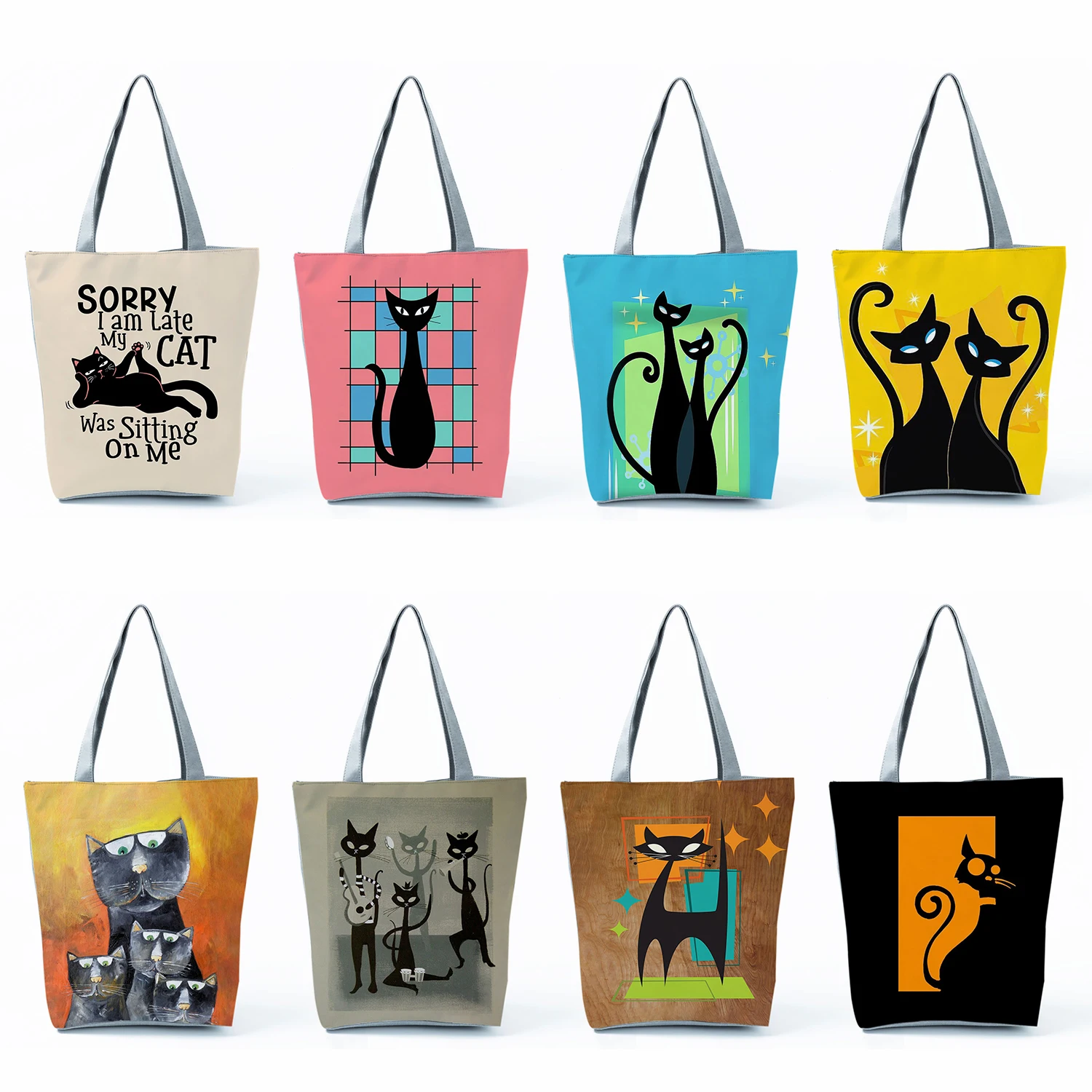 

Portable Custom Pattern Shopping Bag Women Shoulder Bags Cartoon Animal Cat Printed Handbags High Capacity Beach Traveling Totes