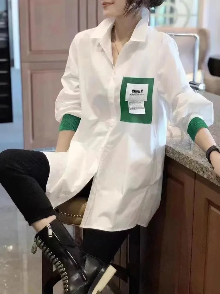 Design White Long Sleeved Med- Length Shirt For Women\'s Loose Unique Korean Casual Fashion Chic Ins Patchwork Blouse Top