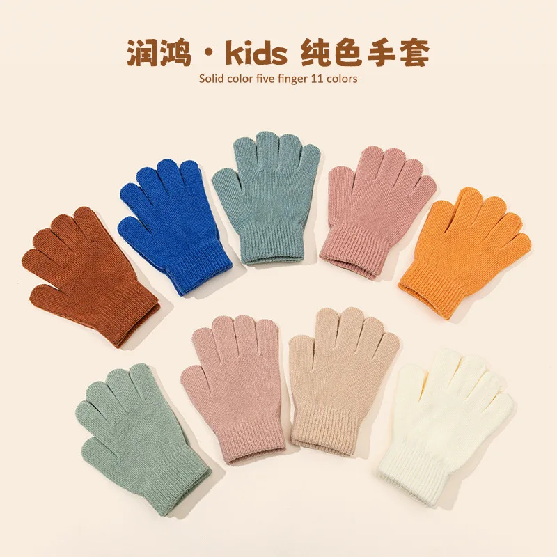 Children Knitted Gloves Winter Warm Soft Cotton Gloves for Kids Boys Girls Solid Color All Finger Cute Design for Outdoor Sports