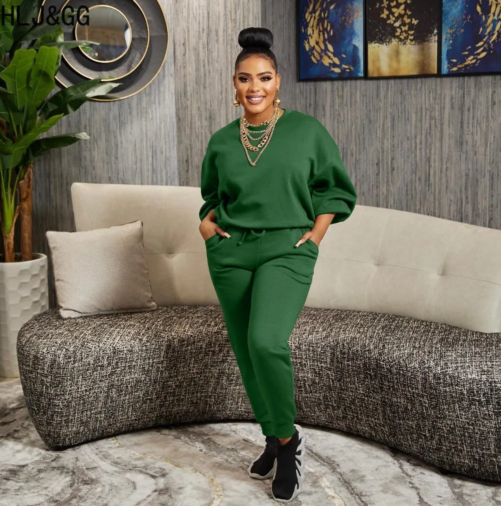 HLJ&GG Autumn Casual Solid Color Jogger Pants Two Piece Sets Women Round Neck Long Sleeve Top And Pants Outfit Female Tracksuits