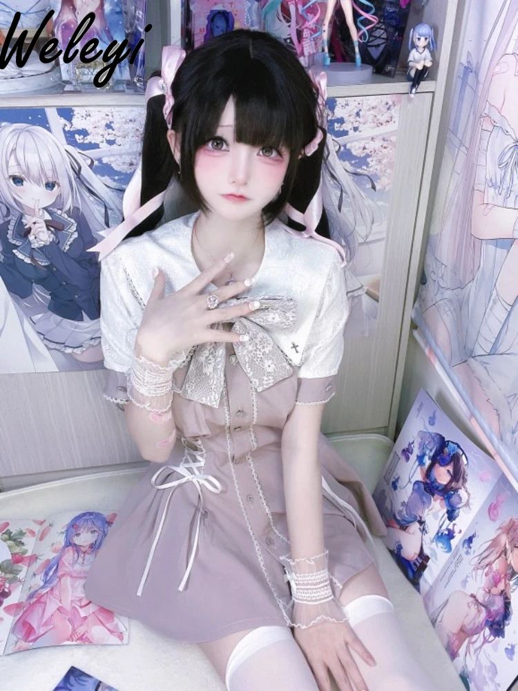 

Kawaii Girl Jirai Kei Dreess Suit 2024 Summer New Japanese Mine Series Sweet Bow Big Flip Collar Water Color Shorts 2 Piece Set