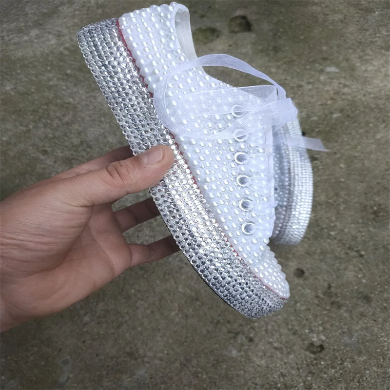 

Lace lace pearl rhinestones classic hand-made custom canvas shoes low top casual sneakers men and women plus size 35-46