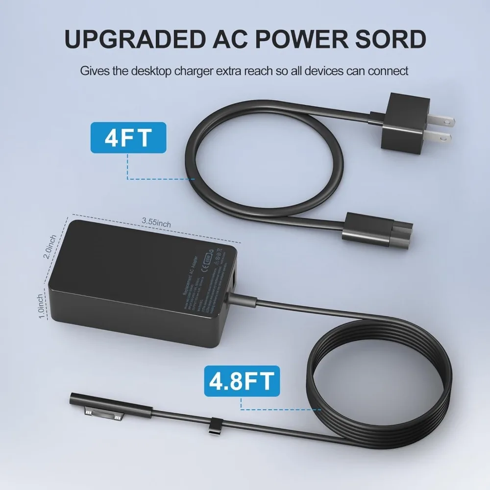 서피스 프로 충전기 65W, 마이크로소프트 서피스 프로 11/10/9/8/7+/7/6/5/4/X 호환 노트북 충전기, 8.8피트 전원 코드 포함