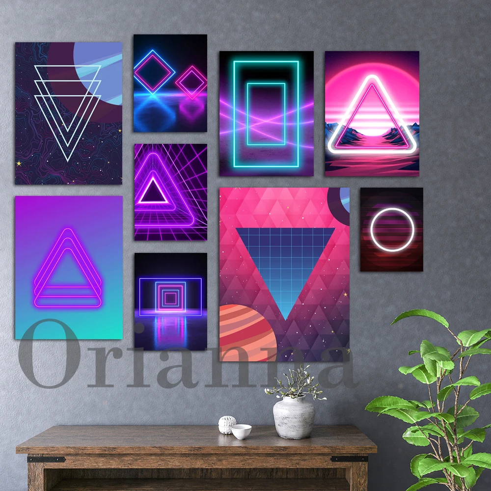 Spazio Geometrico Retro Estetica 1980S Synthwave Cyberpunk Urban Wall Art Canvas Print Poster Modern Living Room Decor Painting