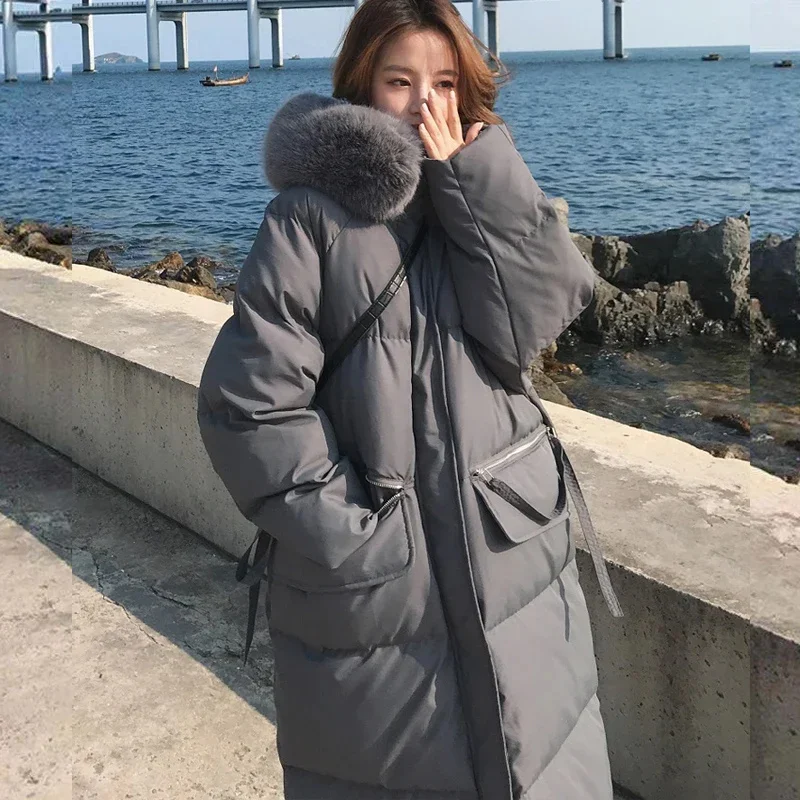 

Coat Women's Fashion Long Thickened Warm Hood Imitation Fox Fur Collar Down Cotton Filled Parka Winter Clothes Women