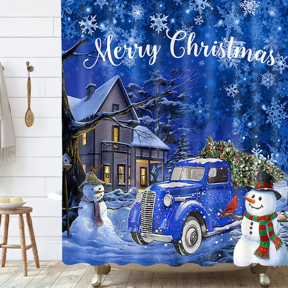 

Blue Christmas Shower Curtain Snowman with Farm Truck and Xmas Tree Bathroom Bath Decor Curtains Fabric Sets with Hooks