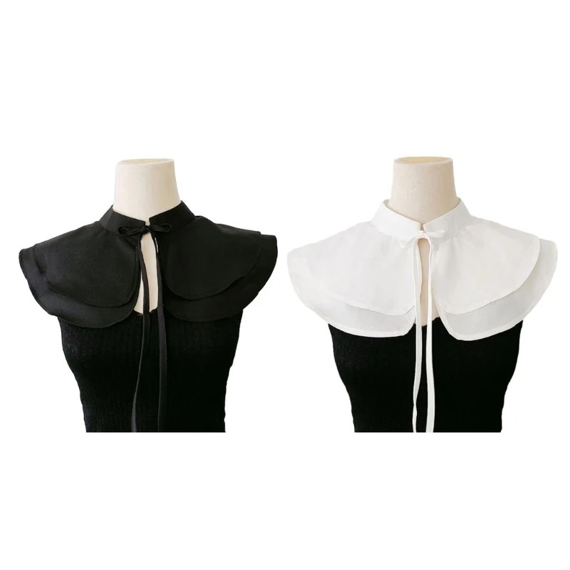 

Women French Detachable False Collar Stand Up Shawl Scarf Double Layer Ribbon Tie Capelet Decorative Boleros Wrap