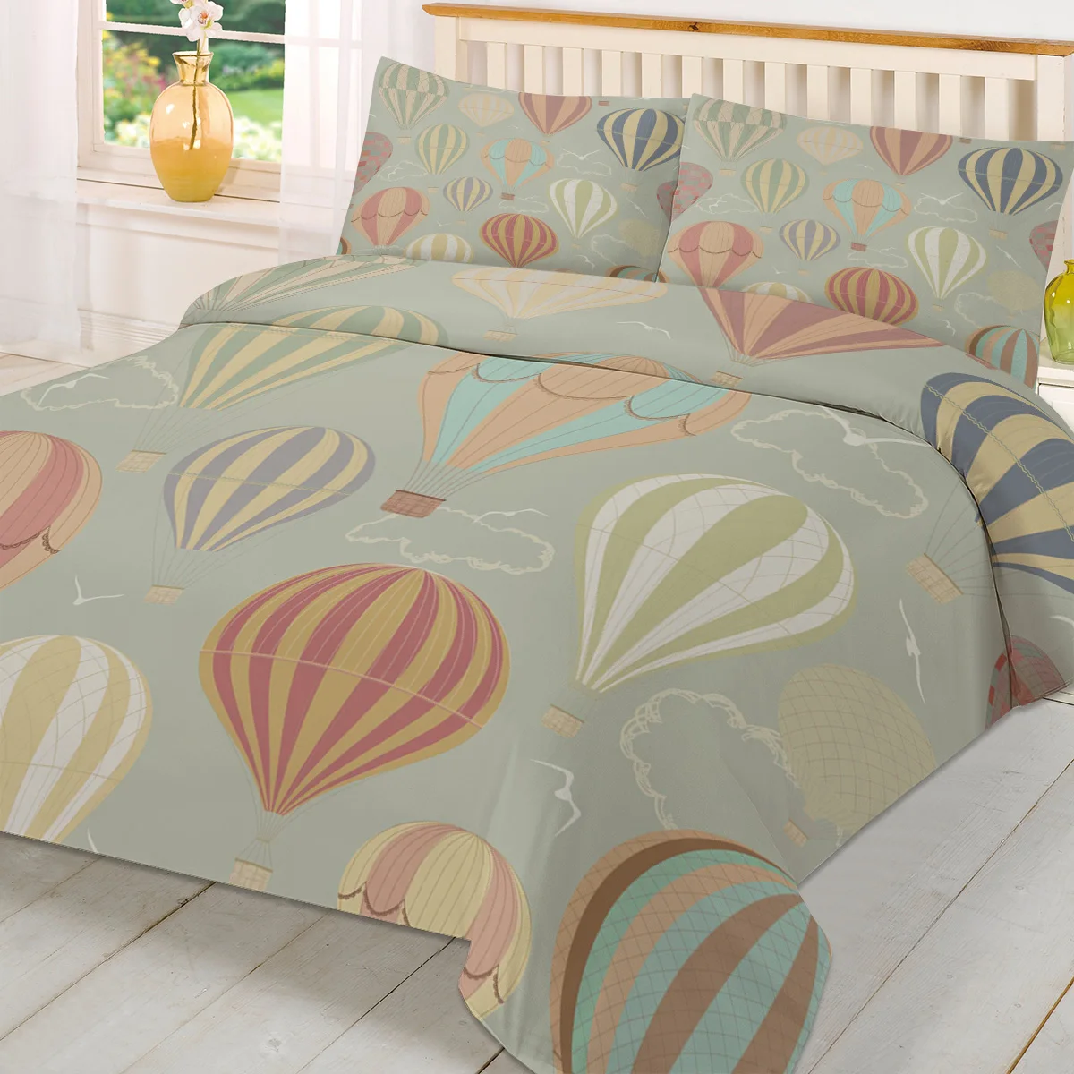 Cartoon Hot Air Balloon Vintage 3pcs Duvet Cover SetPillow Case Double Comforter Bedding Set Quilt Cover Couple Bed