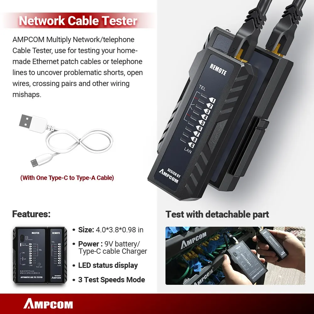 AMPCOM RJ45 크림퍼 랜 테스터 도구 세트, 이더넷 케이블 스트리퍼 펀치 다운 도구, RJ 45 RJ11 커넥터, 12 인 1 케이블 수리 세트