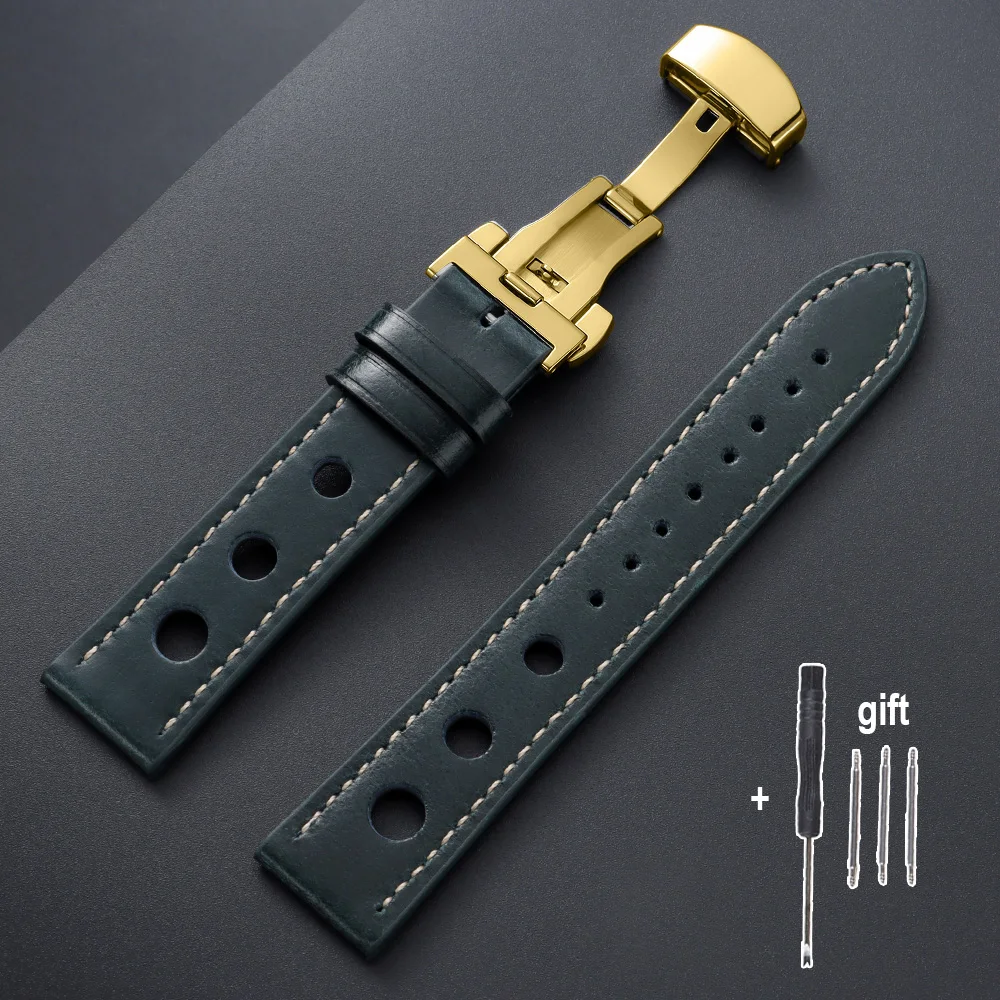 Vintage Brown and Black Oil Wax Cowhide Leather Watch Straps with Butterfly Buckle and Breathable Design
