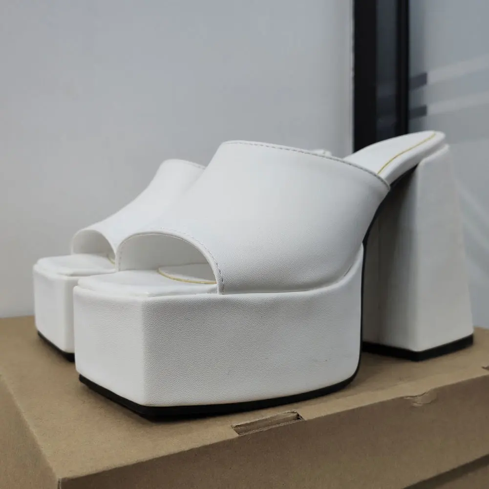 GIGIFOX Brand New Big Size 43 Summer White Chunky Heeled Mules High Heels Sexy Party Platform Heel Sandals Shoes For Women 2022