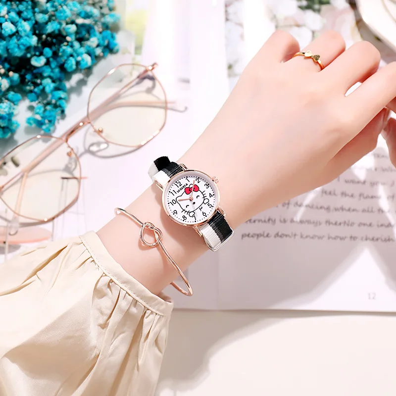 

Sanrio Hello Kitty Watch Kawaii Anime Cartoon Textile Strap Casual Quartz Ladies WristWatch Girls Children Birthday Gifts