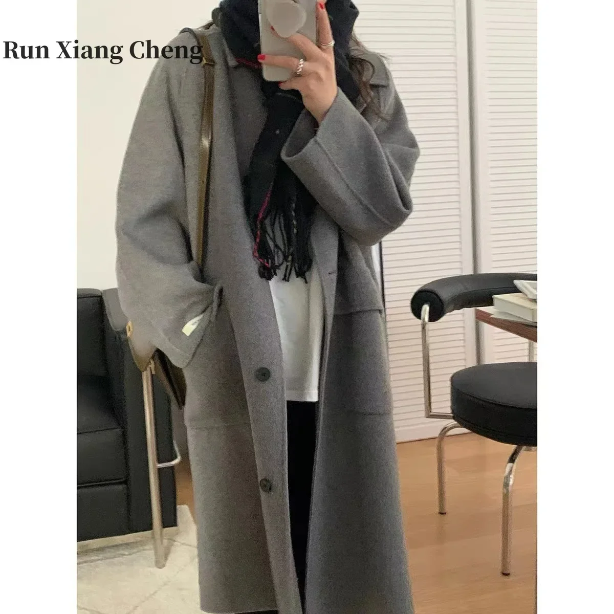 

Runxiangcheng Autumn New Double Sided Cashmere Coat Women's Mid Length Grey High Grade Women's Woolen Woolen Coat Free Shipping