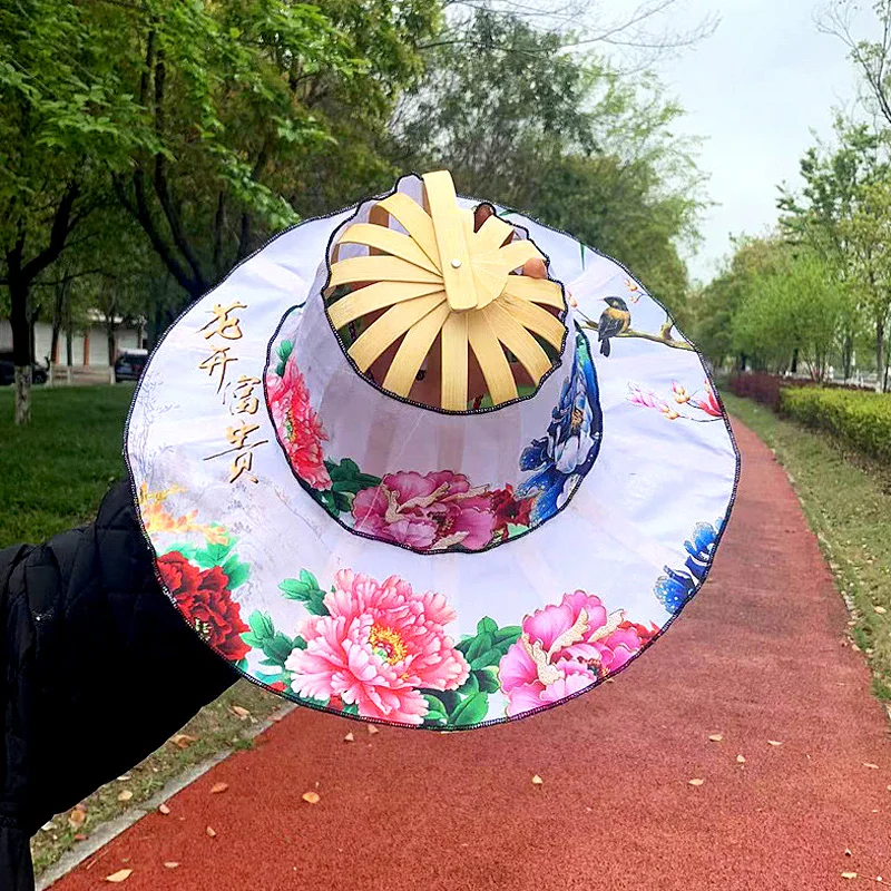 Women Folding Fan Hat Bamboo Silk Foldable Wide Brim Hat Summer