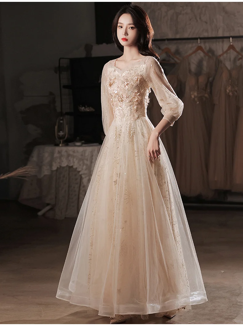 Champagne Evening Dresses For Women Sweetheart Appliques Sequined Tulle Floor-Length Long Wedding Party Gowns With 3/4 Sleeves plus size ball gowns