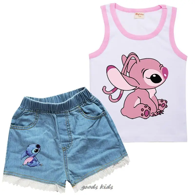 Lilo e Stitch Cotton Top infantil, camiseta e jeans sem mangas, agasalho casual, roupas de menina, calções de verão, quente, 2 peças