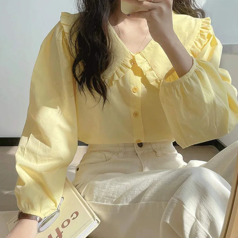 Solid Simple Blouse for Women Korean Chic Trendy Single-Breasted Ruffles Shirt Casual Sweet Big Turndown Collar Student Shirts