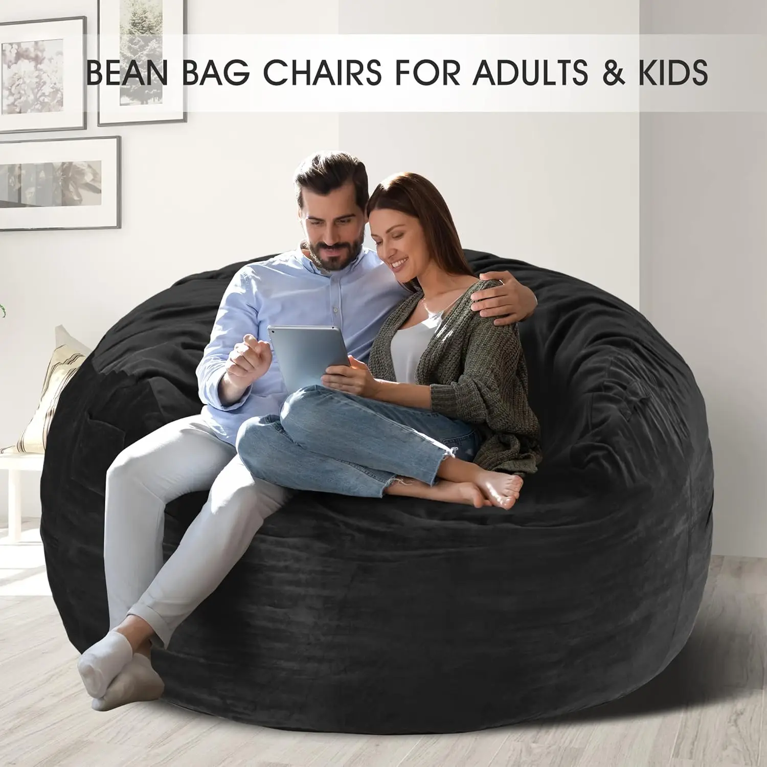 Bean Bag Chair: Large 5' Bean Bags with Memory Foam Filled, Large Beanbag Chairs Soft Sofa with Dutch Velet Cover(Black)