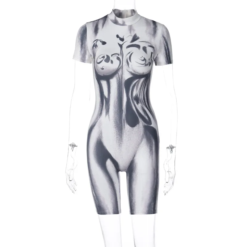 Y2K Printed Short Jumpsuit O Neck Short Sleeve Bodycon Playsuits Streetwear INS 3D One Piece Summer Women Clothes Rompers