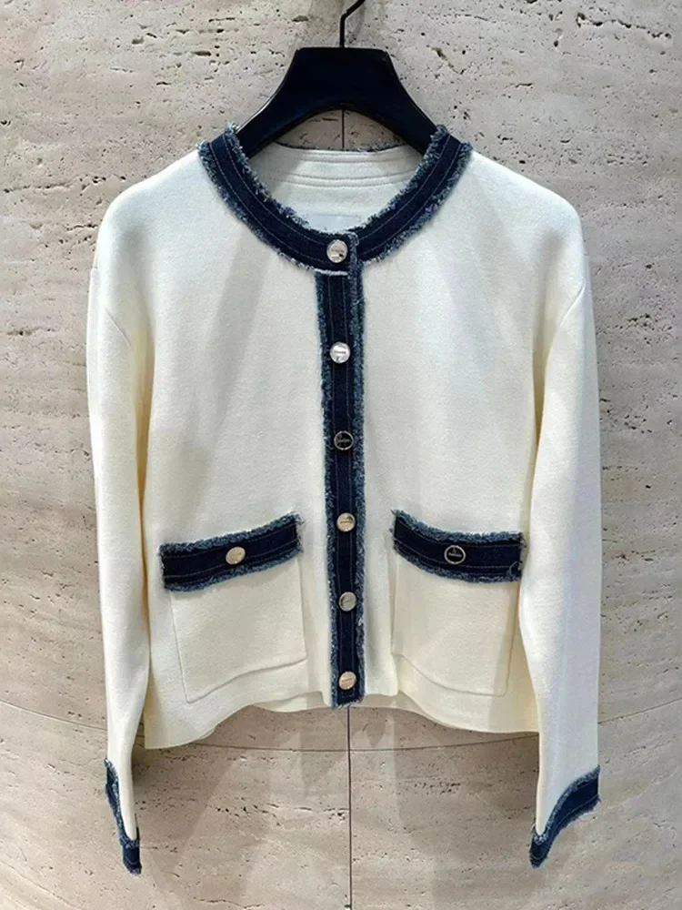 2025 Spring Women Denim Splice Knit Cardigan Contrast Color Stripes O-Neck Female Preppy Style Sweater Coat 4