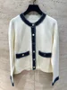 2025 Spring Women Denim Splice Knit Cardigan Contrast Color Stripes O-Neck Female Preppy Style Sweater Coat 4