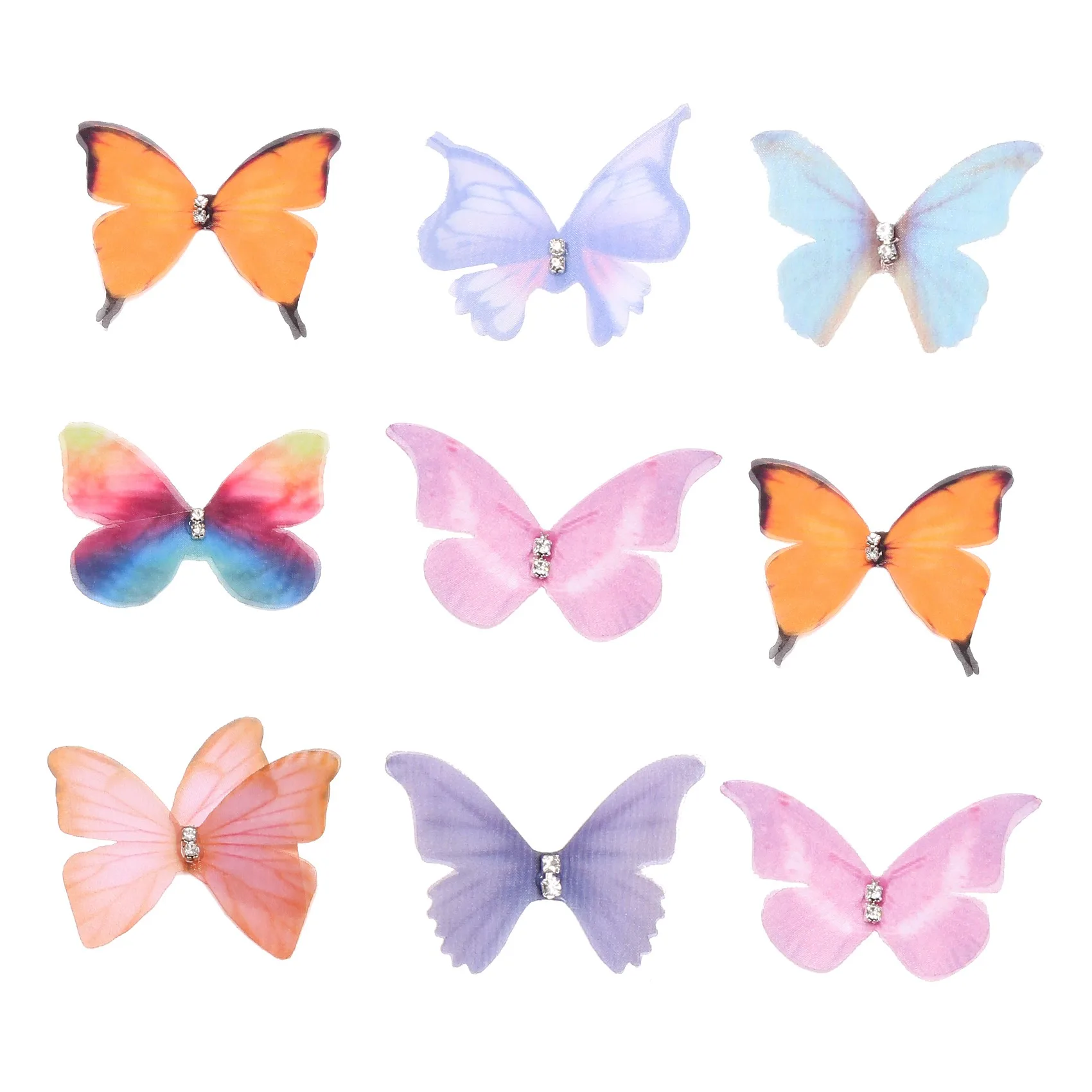 

50Pcs Gradient Color Organza Fabric Butterfly Appliques 38Mm Translucent Chiffon Butterfly for Party Decor, Doll Embellishment