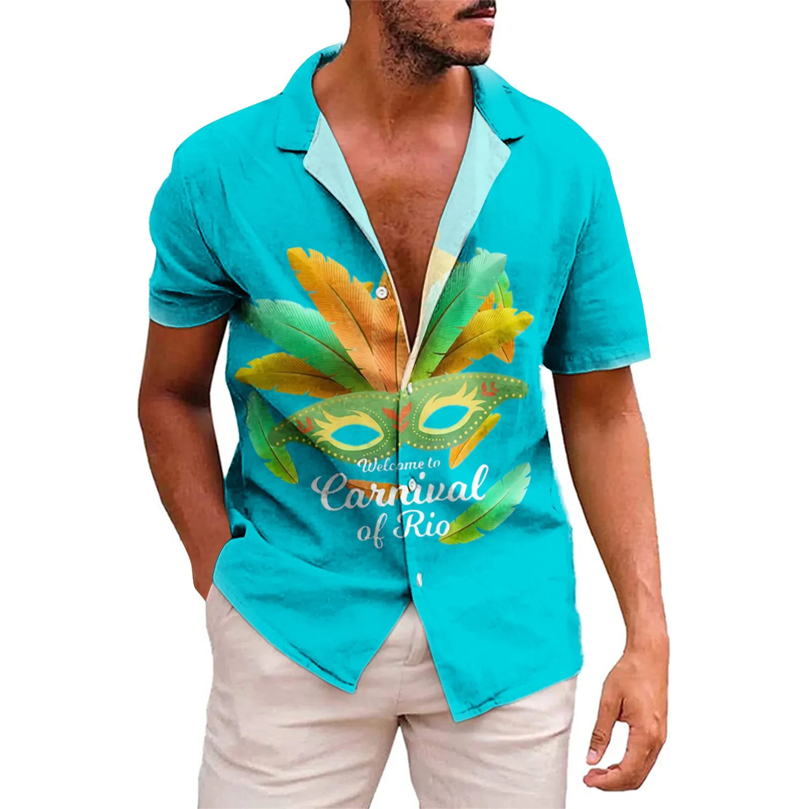 

Male Carnival Shirt Short-Sleeve Blouses Spring-Summer Handsome Single-Breasted Shirt Men 3D music Breathable Print camisas